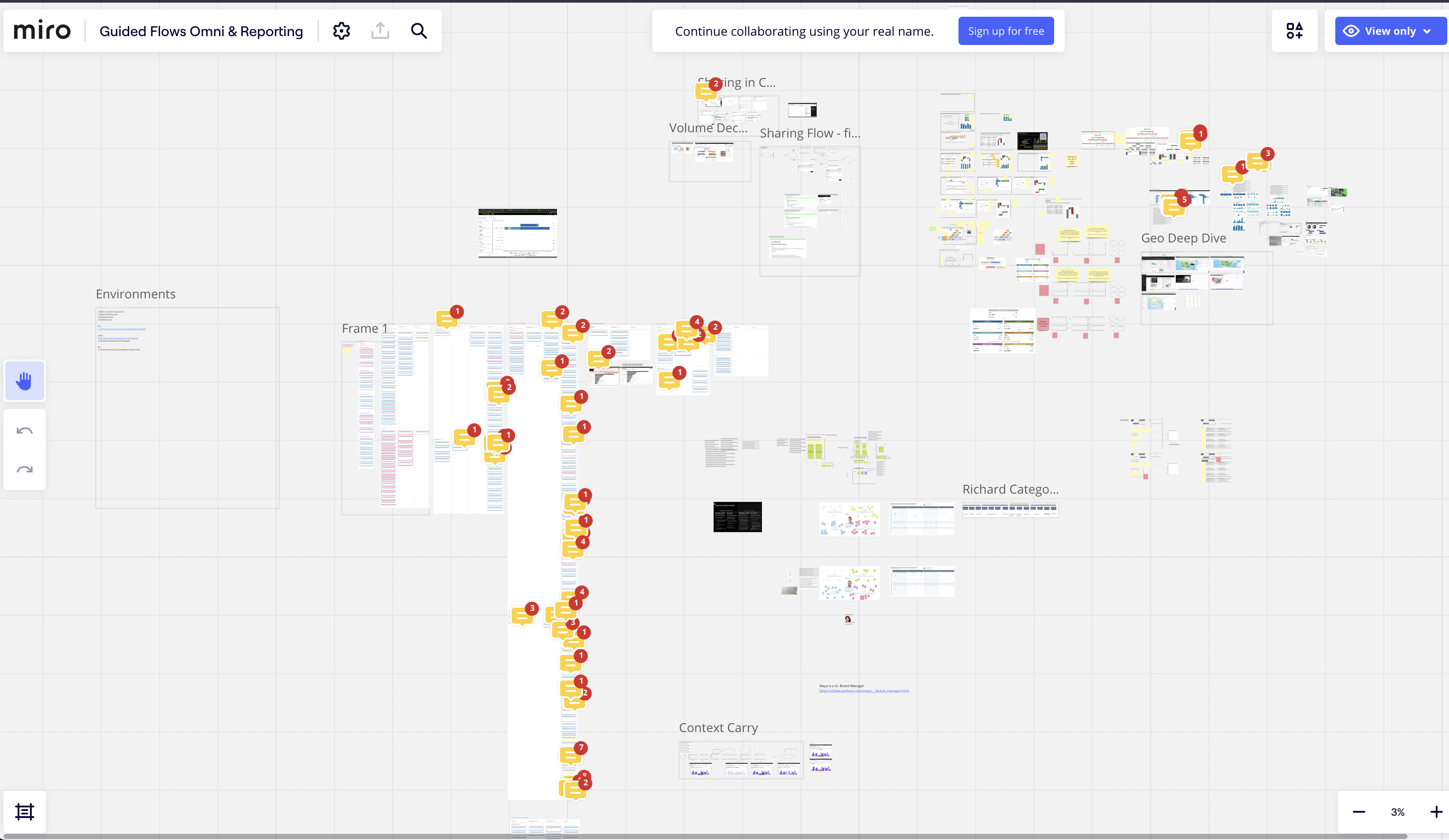 Working Miro board showing the full scope of guided flows, environments, and context carry patterns