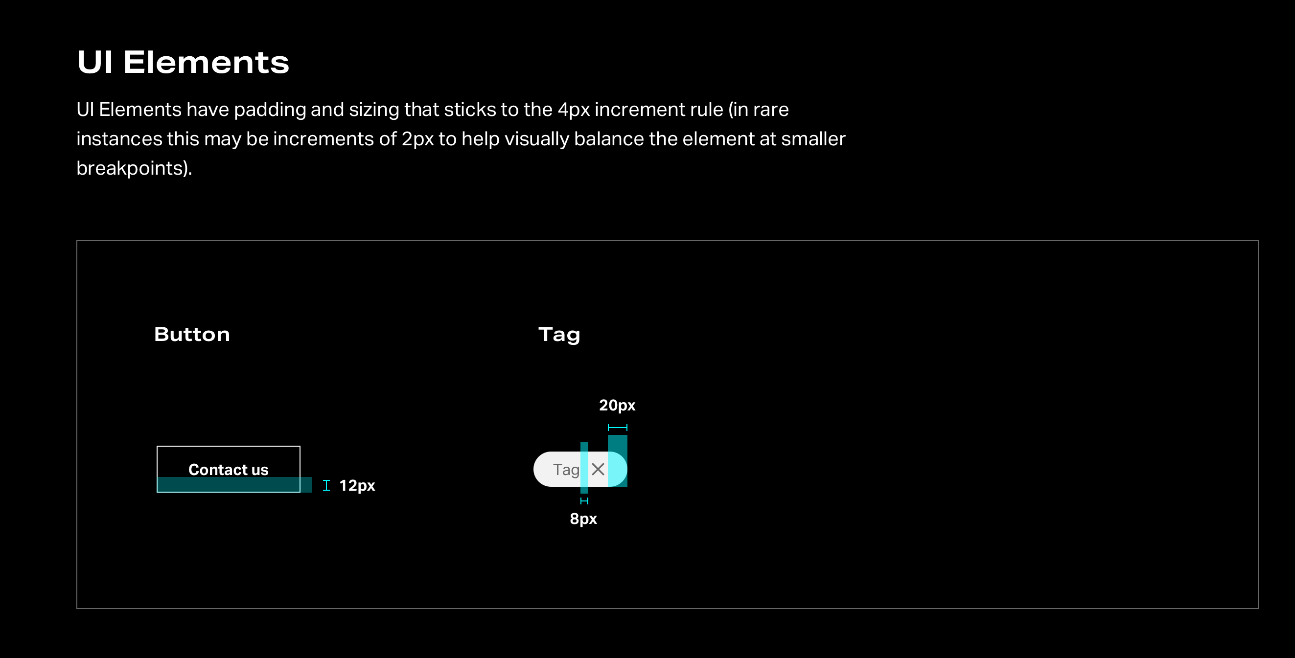 UI Elements specification showing the 4px increment rule applied to buttons and tag components