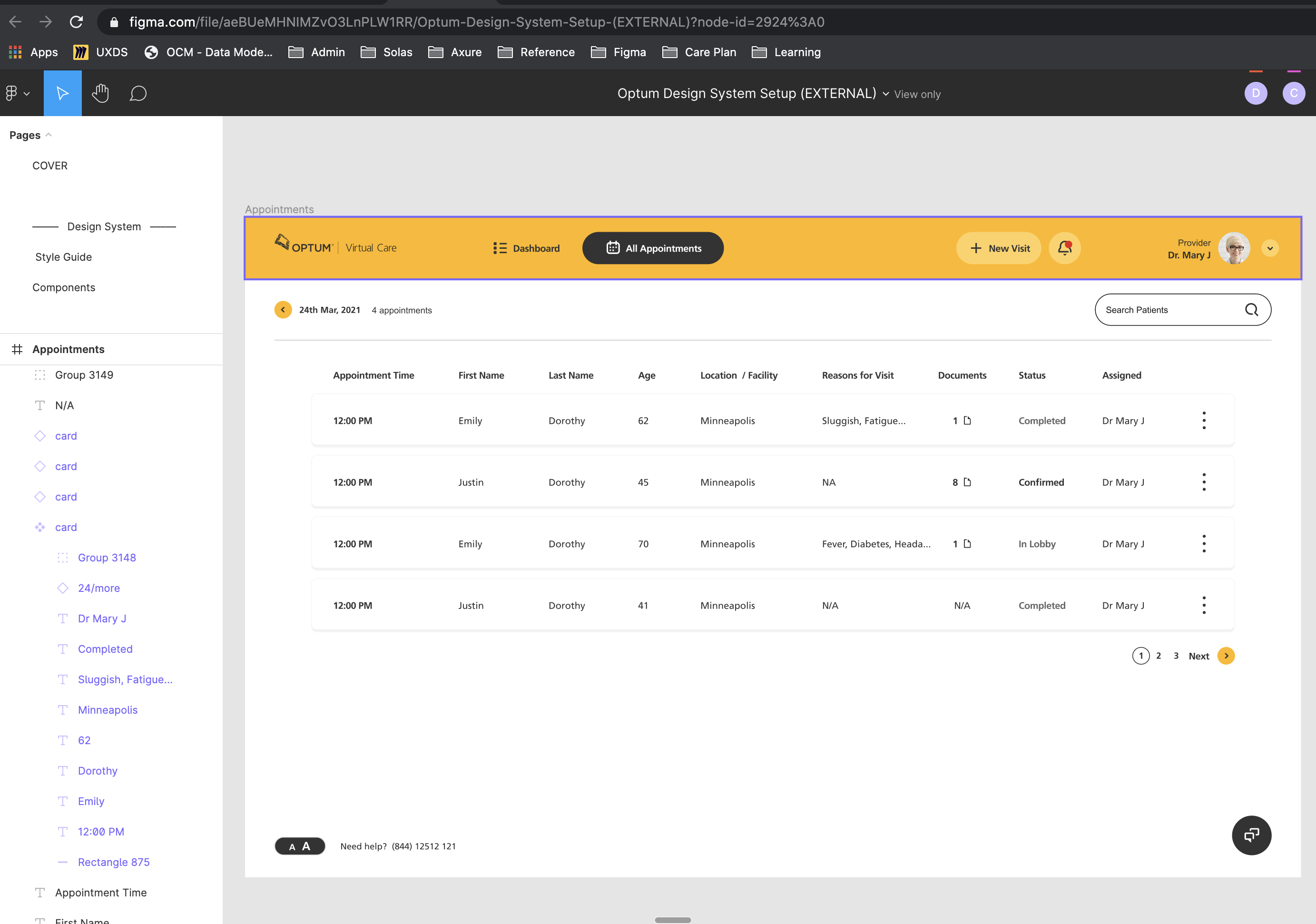 Appointments view showing the daily schedule with patient details, visit reasons, document counts, and status indicators