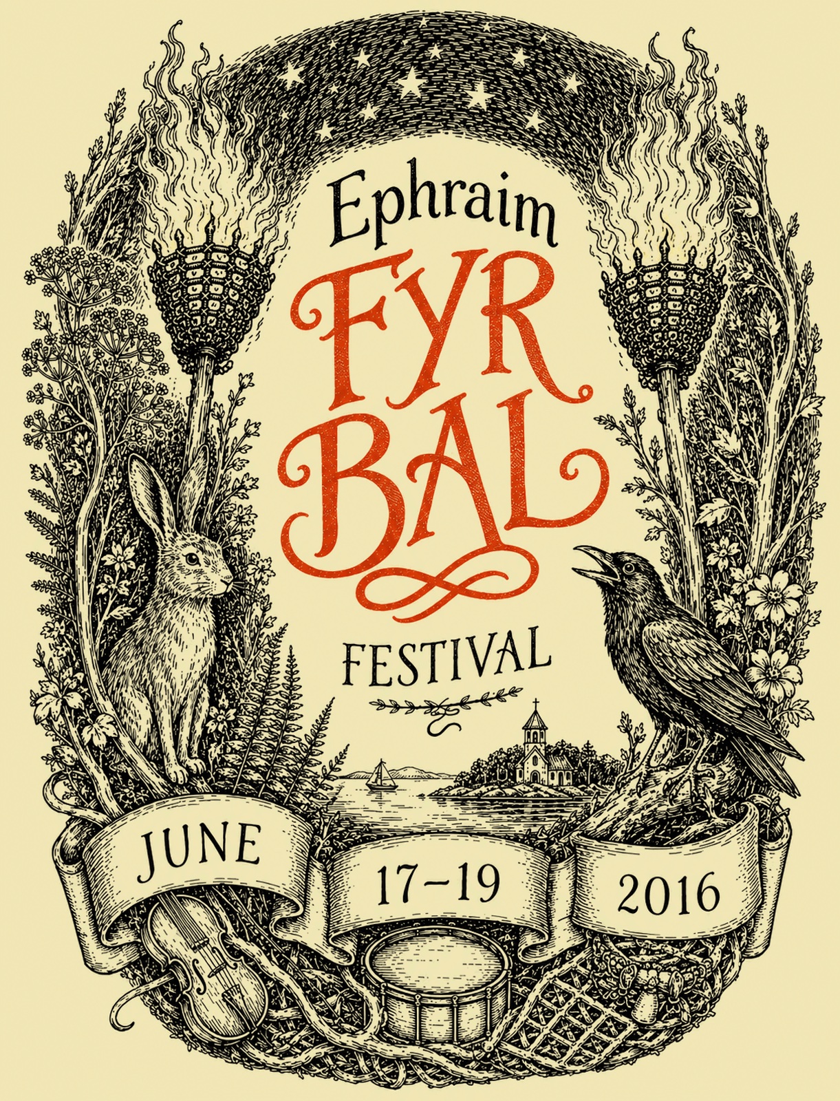 Ephraim Fyr Bal Festival poster: hand-lettered title in red and black framed by two flaming bål torches, a hare and a crow in dense engraving-style pen-and-ink, with the Ephraim church and harbor below.