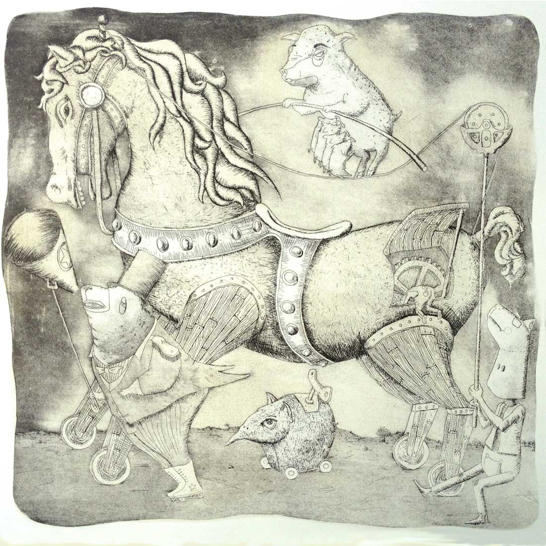 Copper etching: a great carousel horse with armored wooden legs on small wheels, led by a bear in top hat and tails while a pig walks a tightrope above.